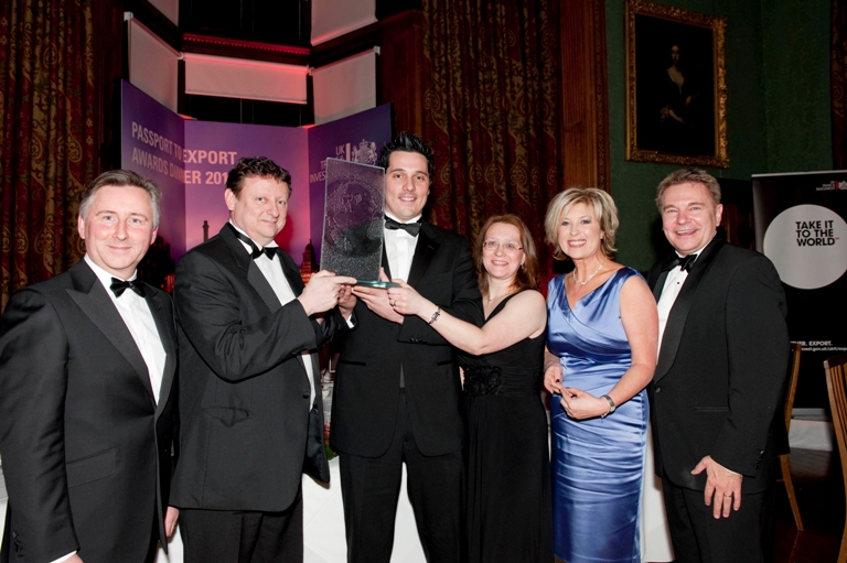 E-Tech Components, of Merseyside, winner of the North West Passport to Export Award 2010 organised by UK Trade & Investment (UKTI). Chris Montgomery MD, (2nd left) with directors Paul Forester and Alison Doubleday, collect the award from Lucy Meacock, guest speaker and ITV newsreader. With them are Brian Shaw, (left) MD UK Trade and Investment Group, and UKTI Regional Director Clive Drinkwater, (right) at the awards ceremony held at Knowsley Hall.
