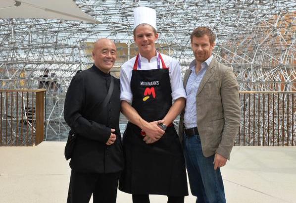L to R : Ken Hom, Benedict Klein, Head Chef at Mosimann’s and Tom Aikens at the UK Pavilion