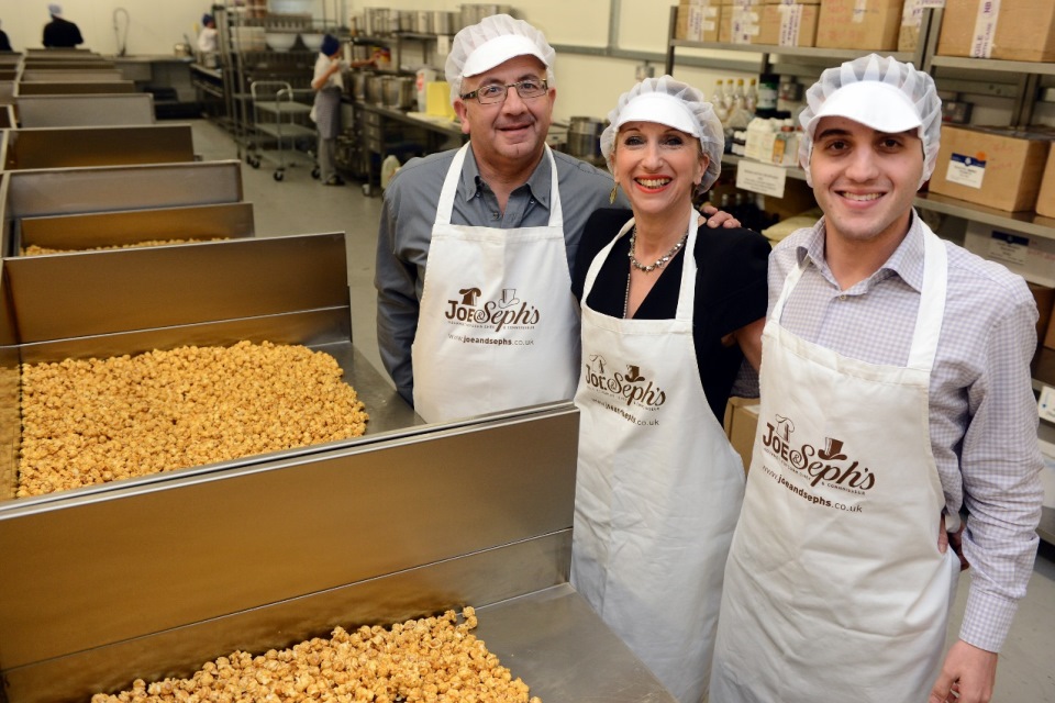 Joe, Jackie and Adam Soper with popcorn, at their factory. Picture: Jeremy Selwyn